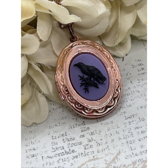 Rose Gold Brass Raven Purple Black Crow Locket Necklace Pendant Gothic Wedding - Picture 6 of 14